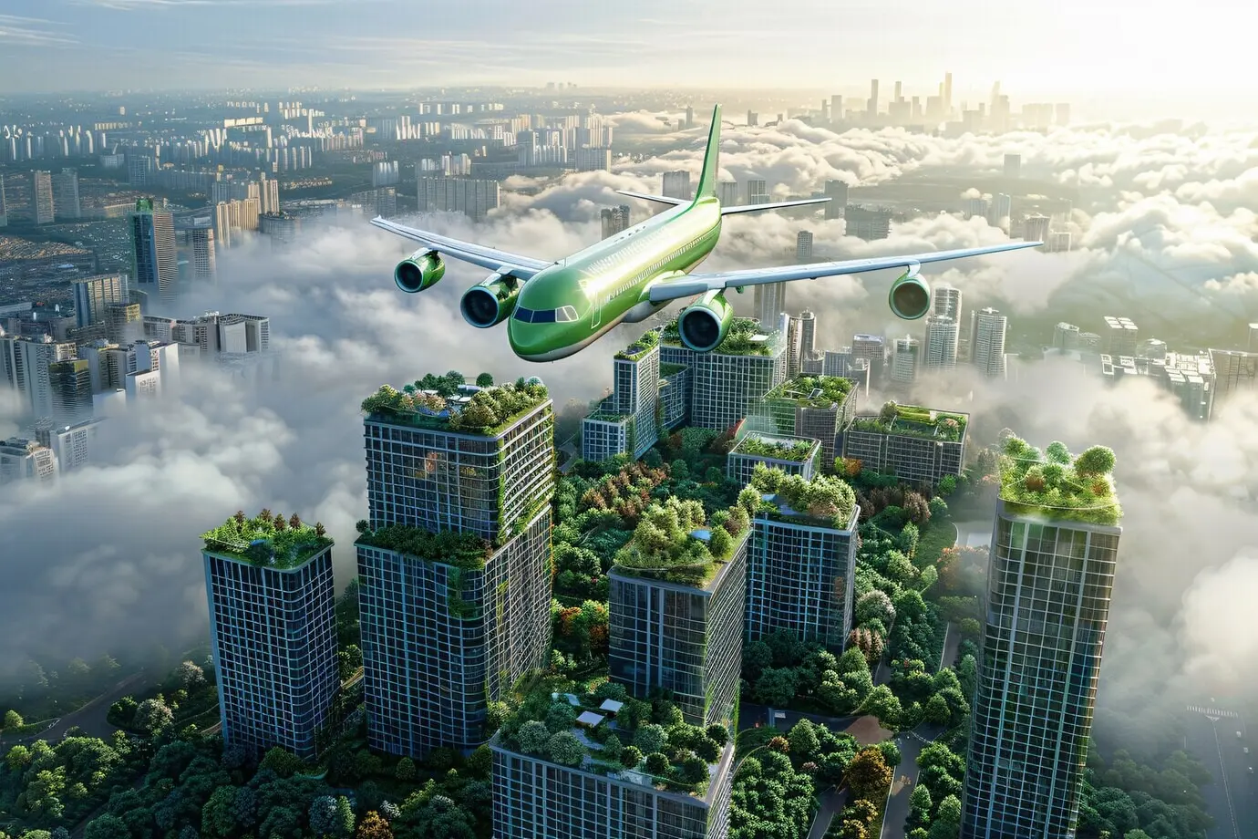 Nachhaltiges Energiekonzept mit grünem Flugzeug